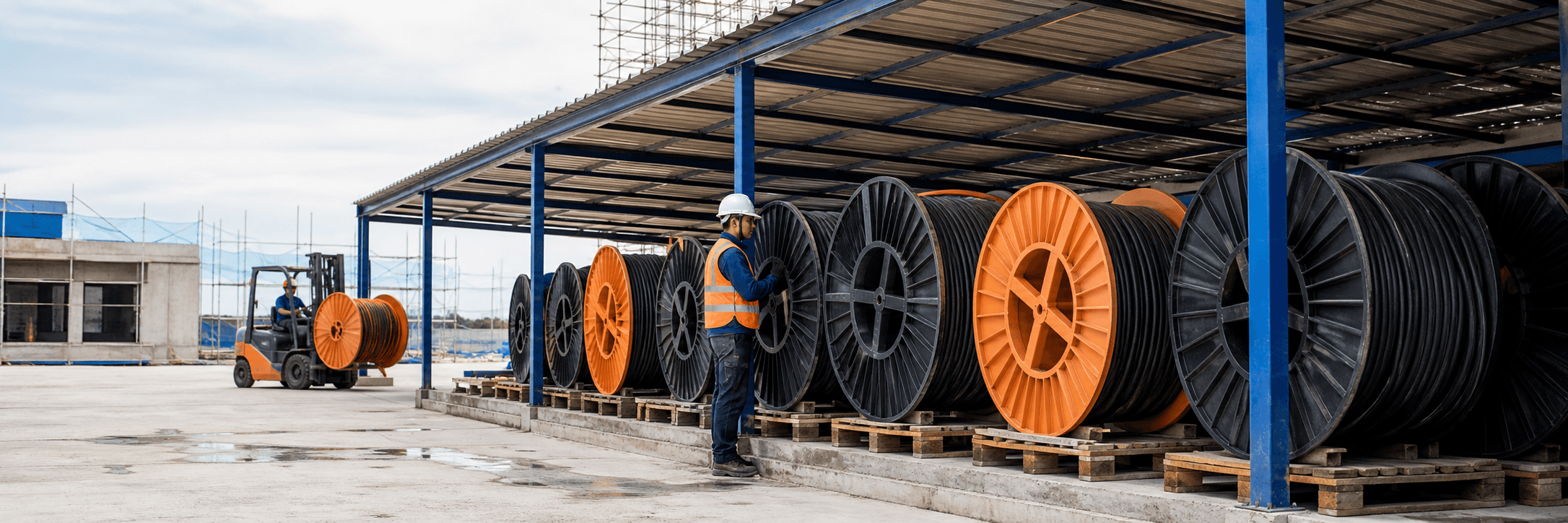 Cuộn cáp điện được lưu kho có mái che tại công trường