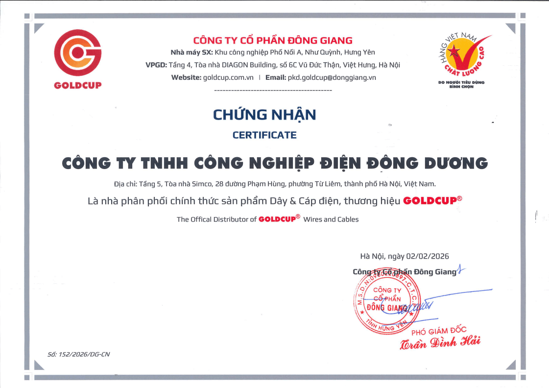 Chứng nhận Công Nghiệp Điện Đông Dương là nhà phân phối dây và cáp điện Goldcup